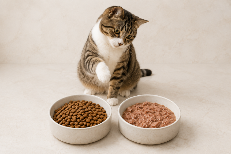 Khẩu phần thức ăn hạt và thức ăn ướt cho mèo đặt cạnh nhau để so sánh.