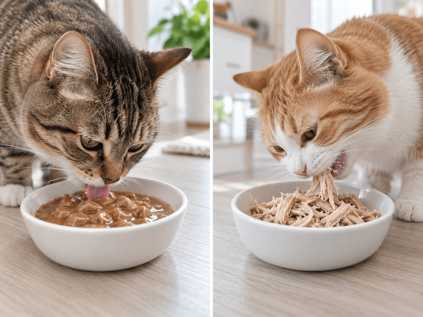 Mèo liếm pate mịn và nhai thịt xé