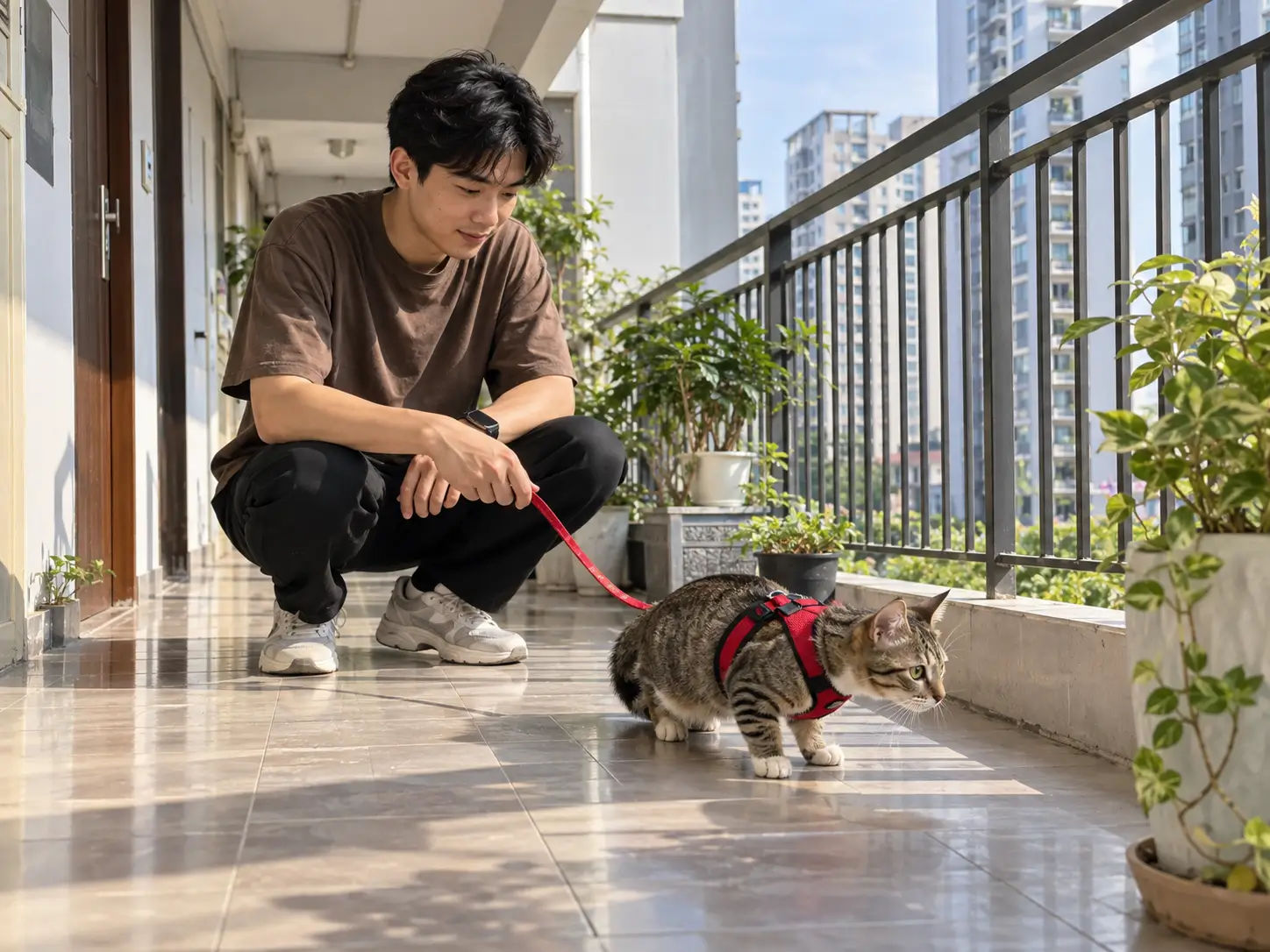 Dây dắt dạng yếm phân bổ đều lực kéo lên toàn bộ thân mèo, tránh gây chèn ép khí quản khi bé bị giật mình.
