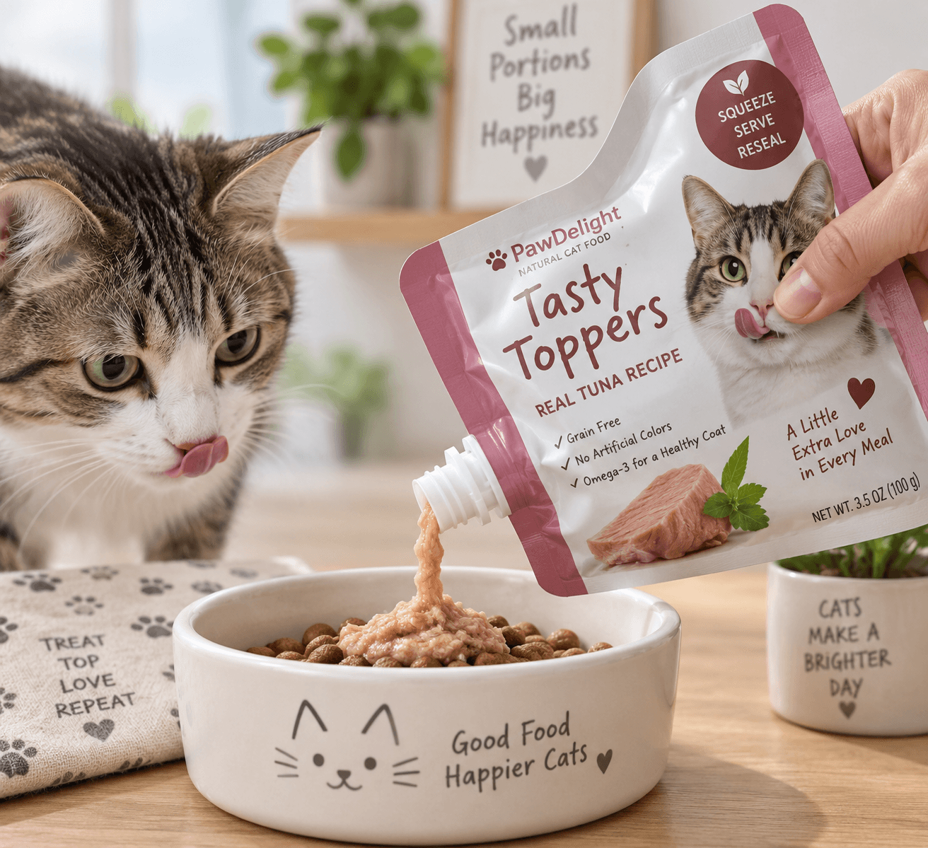 Bóp một lượng nhỏ pate nắp vặn vào bát làm topping cho mèo