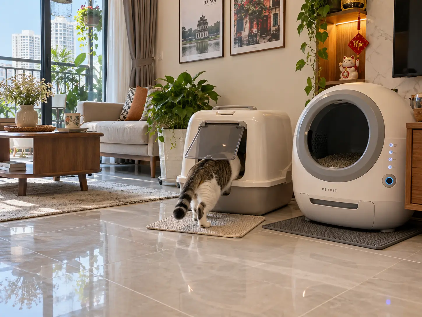 Nhà vệ sinh dạng kín và tự động giúp giữ cát không bắn ra ngoài và hạn chế tối đa mùi hôi trong phòng máy lạnh.