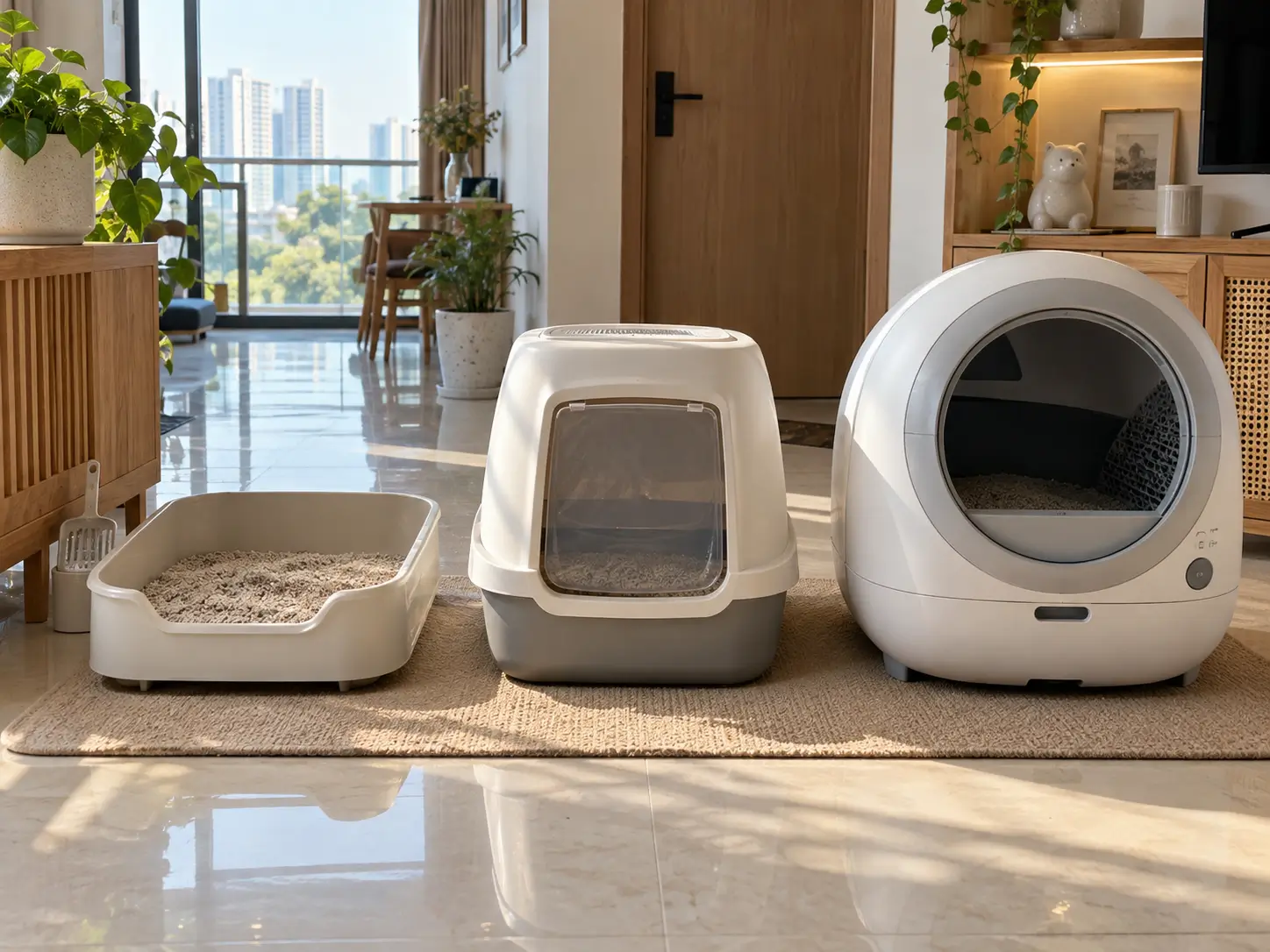 Ba dòng nhà vệ sinh cho mèo phổ biến trên thị trường: Khay mở, nhà kín và nhà vệ sinh tự động.