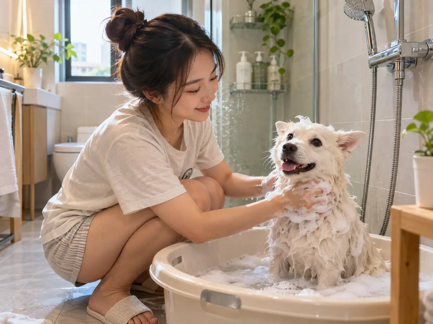 Chăm chú, cẩn thận và dịu dàng trong từng thao tác tắm rửa cho cún cưng.