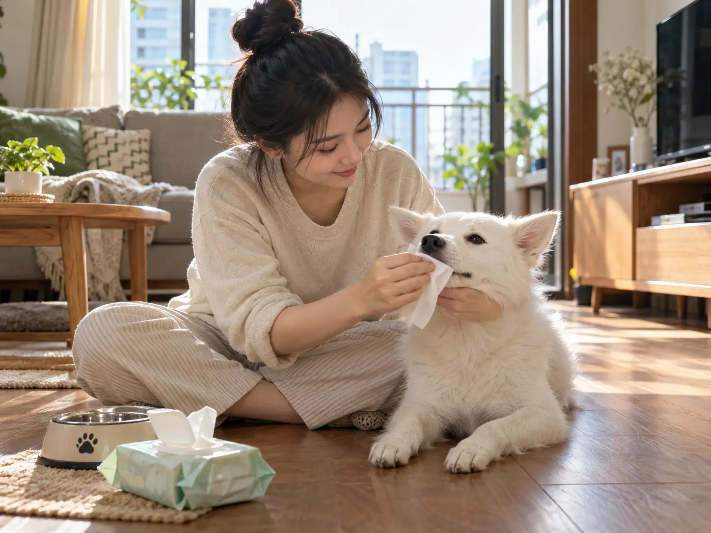 Lau khô vùng mõm và chân sau khi ăn hoặc đi dạo giúp ngăn ngừa vết ố vàng tích tụ trên lông.