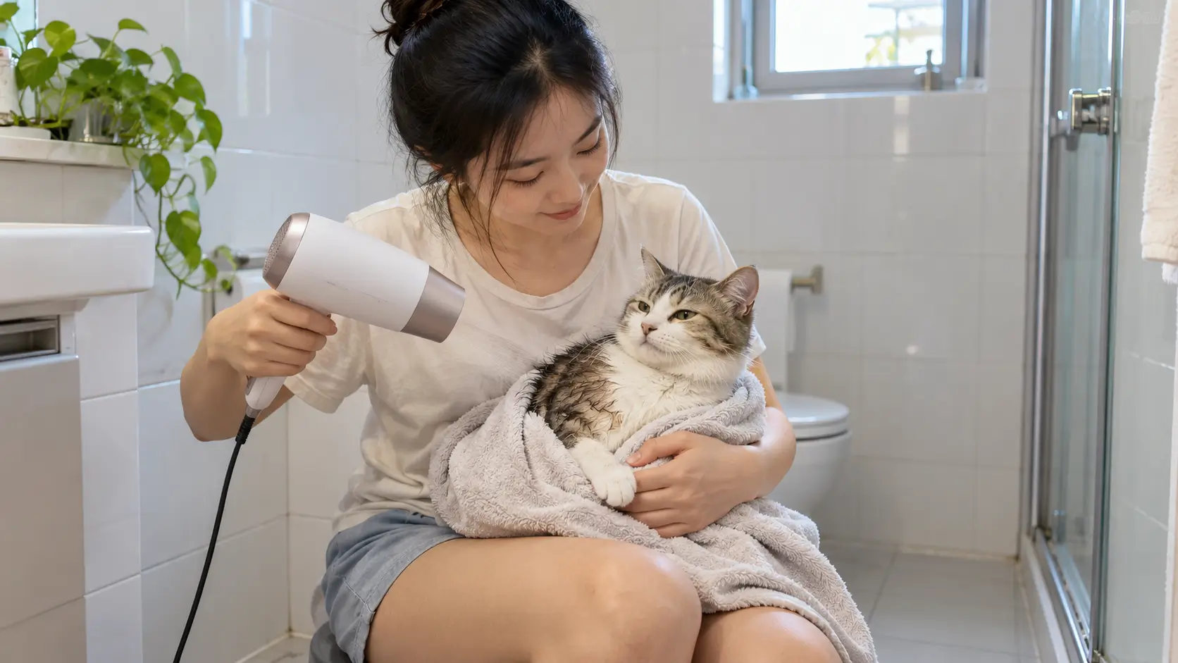 Chủ nuôi mèo ở Việt Nam đang dùng máy sấy làm khô lông cho mèo trong nhà tắm sạch sẻ.