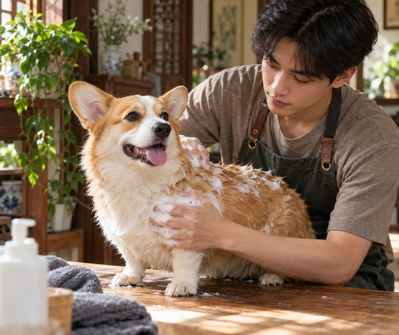 Thao tác massage nhẹ nhàng giúp bọt tắm khô dễ dàng cuốn đi bụi bẩn bám trên ngọn lông và bã nhờn bề mặt.