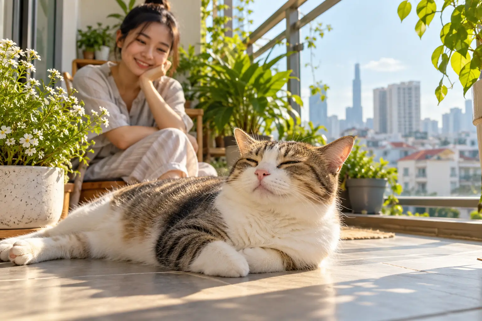 Mèo nằm thư giãn khỏe mạnh ở ban công chung cư Việt Nam khi hợp khẩu phần hạt.
