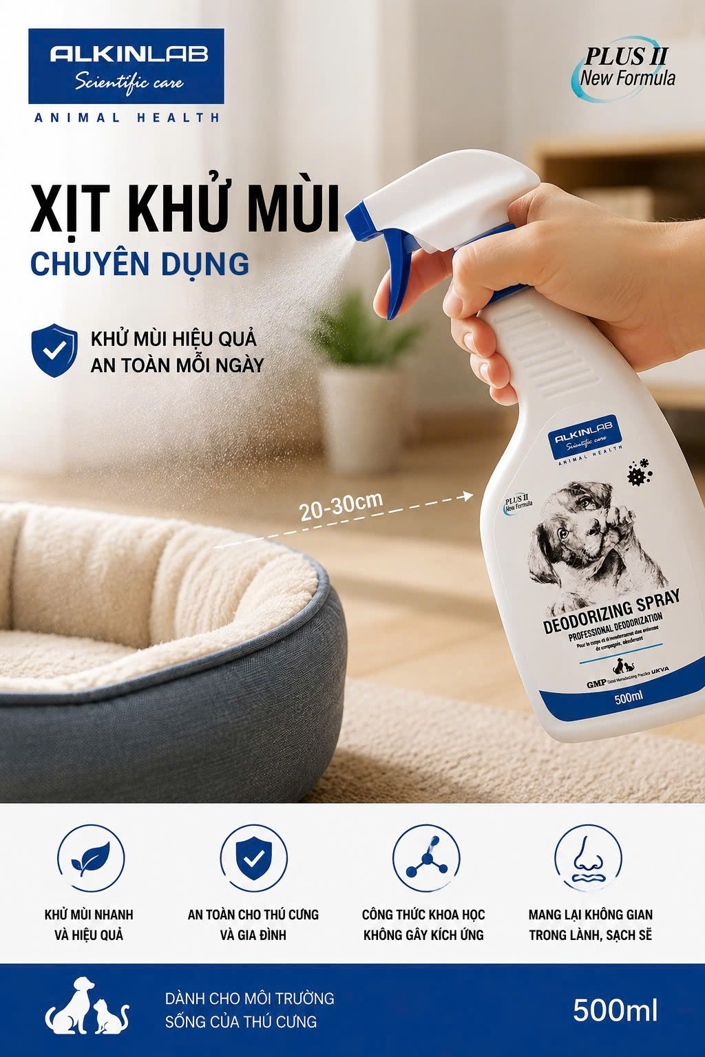 Khác với nước xịt phòng thông thường, Alkin Deodorizing được thiết kế để hạn chế tối đa sự ảnh hưởng đến khứu giác nhạy cảm của chó mèo.