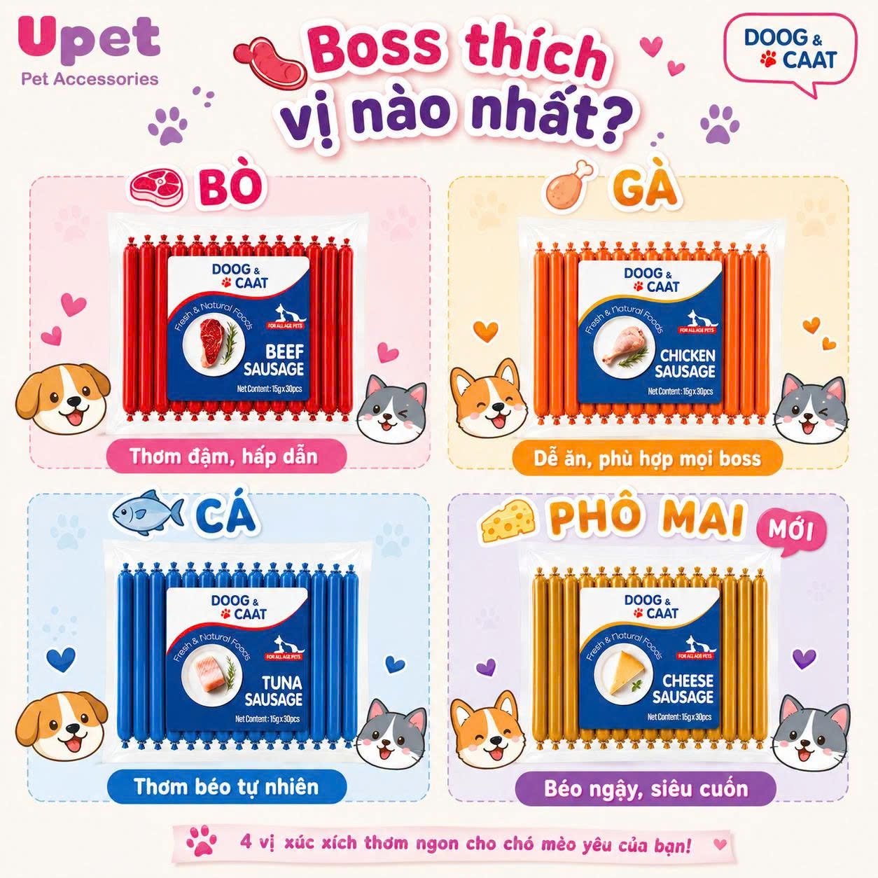 Bốn gói xúc xích thưởng Doog & Caat dành cho chó mèo.