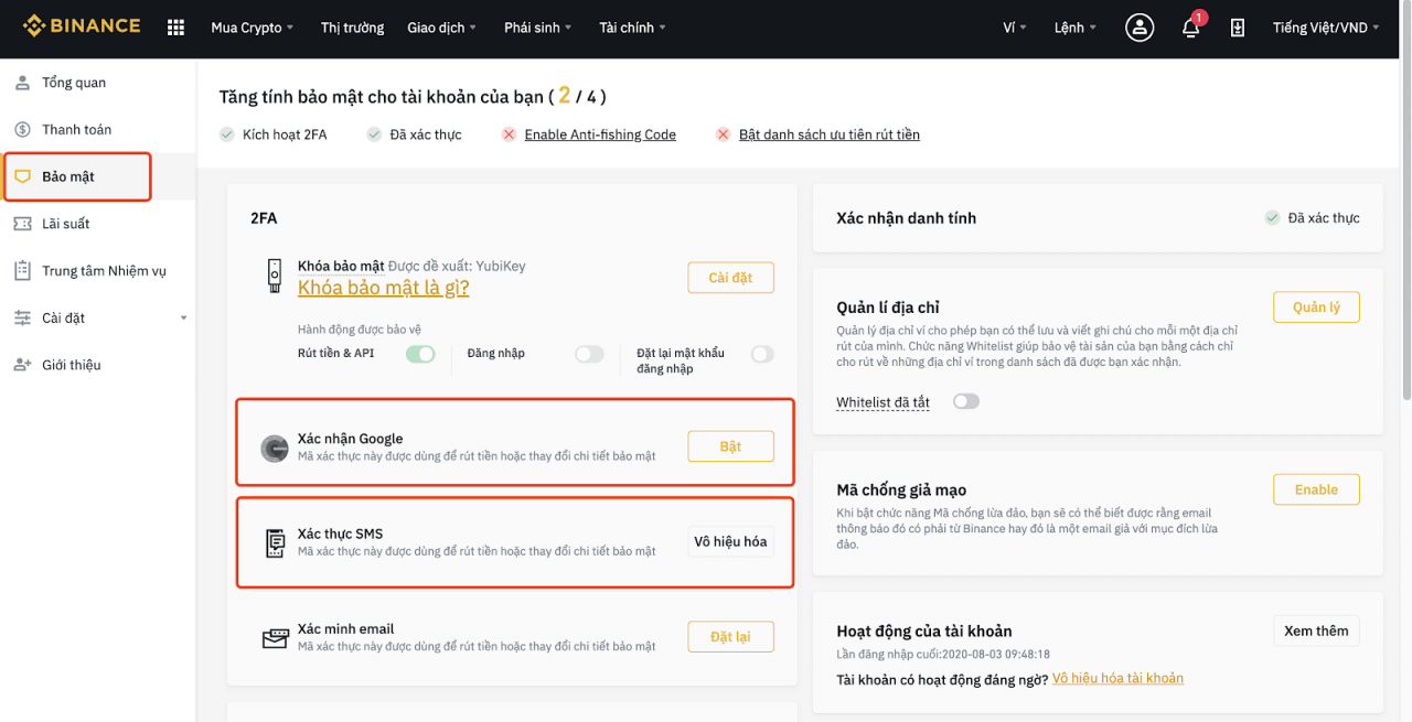 Để đảm bảo an toàn tài khoản, chúng tôi khuyên bạn nên bật xác thực 2 bước (Google hoặc SMS 2FA)