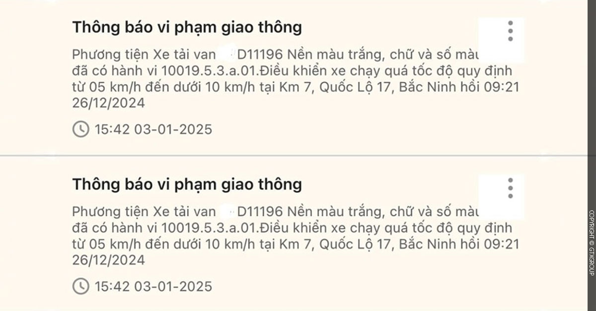 Thông báo lỗi vi phạm giao thông trong ứng VNeTraffic của chị Mai Hương.