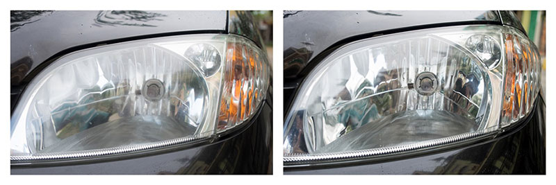 Trước và sau làm mới với kem đánh răng trên đèn xe hơi