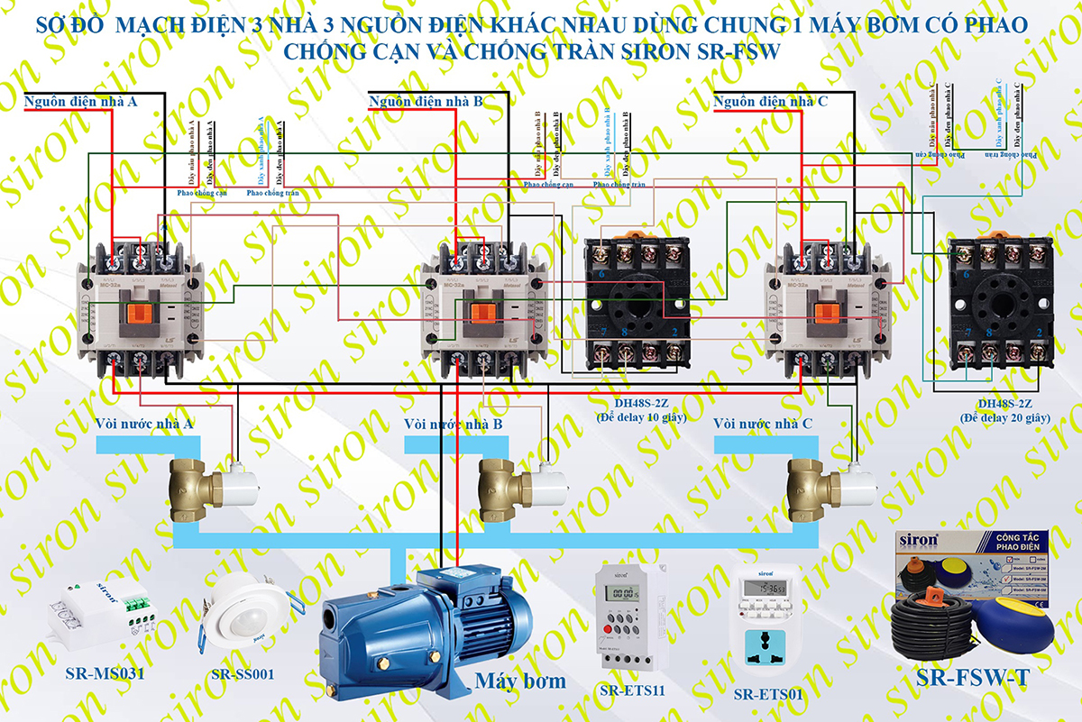 Sơ đồ mạch điện 3 nhà dùng chung 1 máy bơm nước với 3 nguồn điện khác nhau