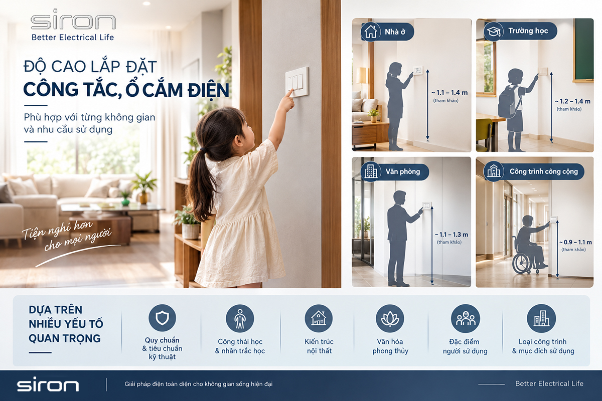 Tiêu chuẩn độ cao lắp đặt công tắc ổ cắm theo quy định kỹ thuật