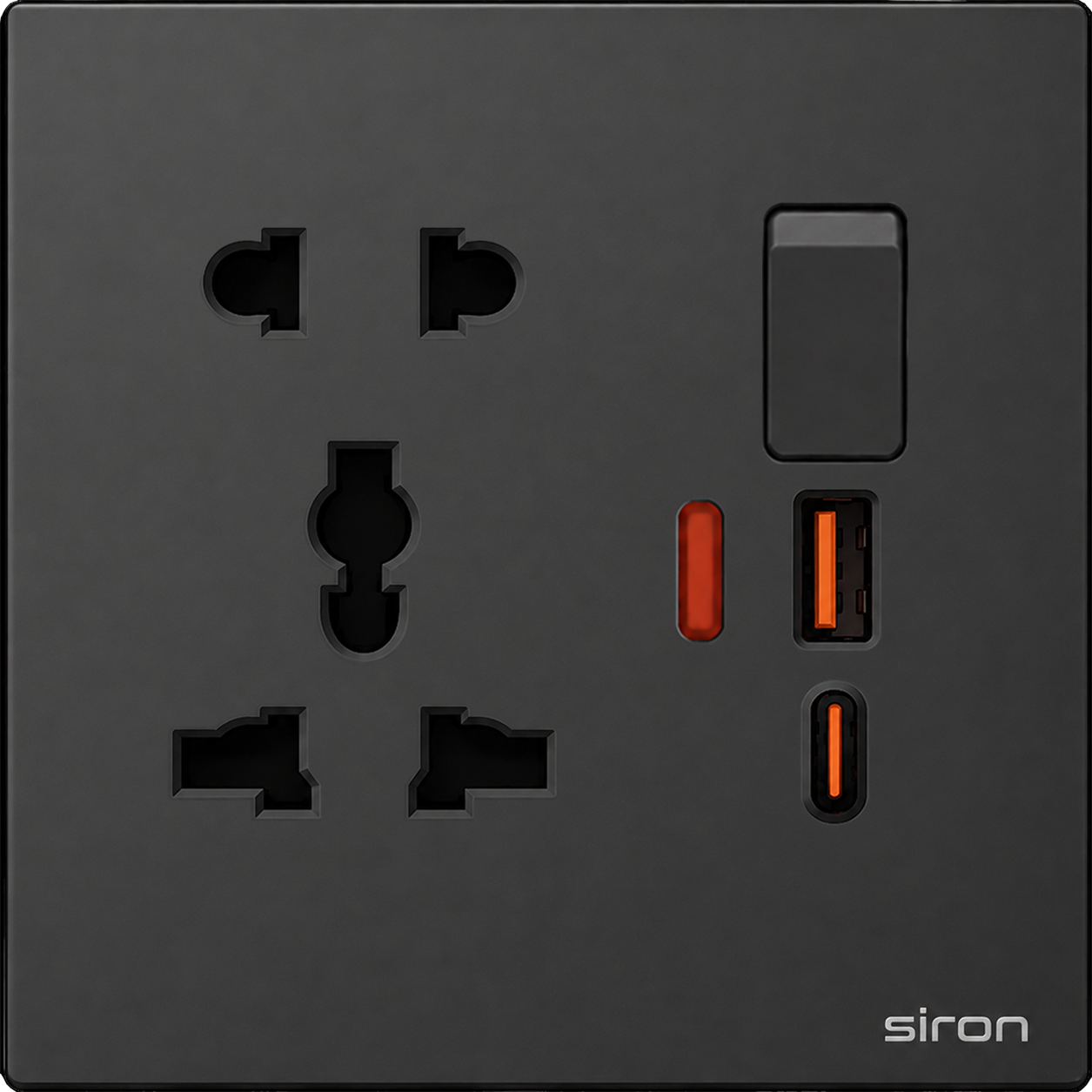 Bộ ổ cắm đơn đa năng + 2 chấu có công tắc + usb type a+c Màu đen SIRON 27H8153-26