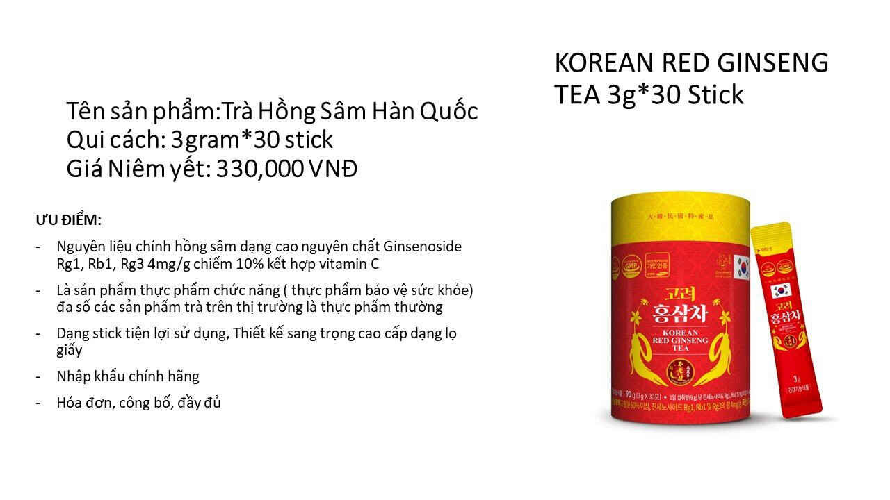 Trà hồng sâm Hàn quốc 30 gói *3g stick
