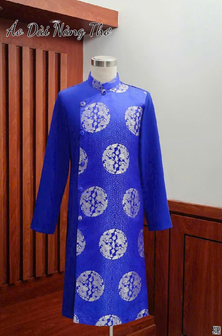 Áo Dài Nam Tafta Xanh Coban Họa Tiết Đồng Tiền