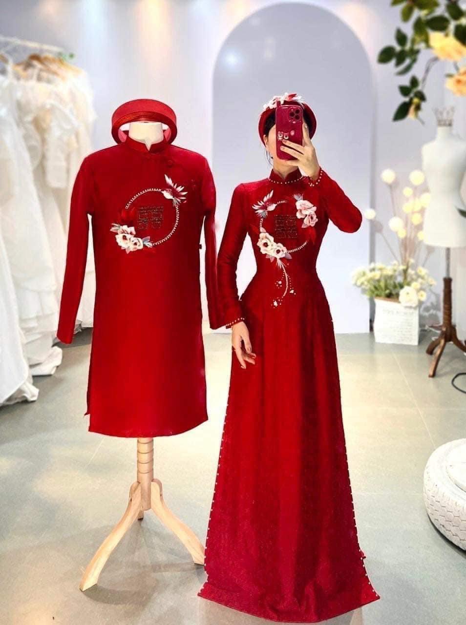 Áo Dài Cưới Cặp Đôi Gấm Đỏ Thêu Kết Song Hỷ