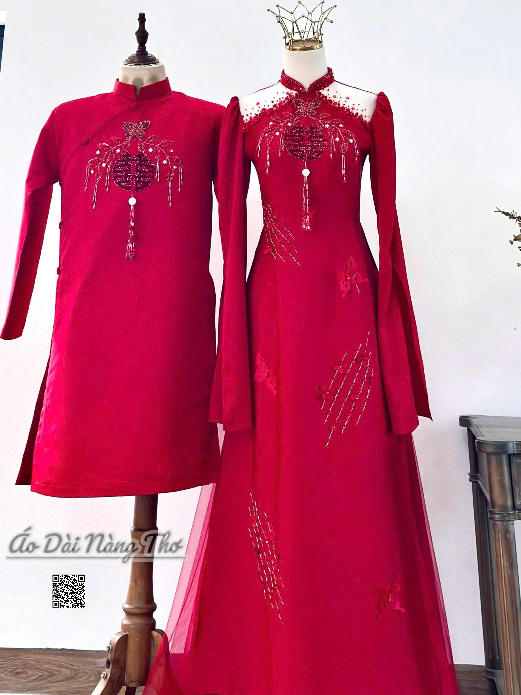 Áo Dài Cưới Họa Tiết Hỷ Tay Xẻ Sang Trọng