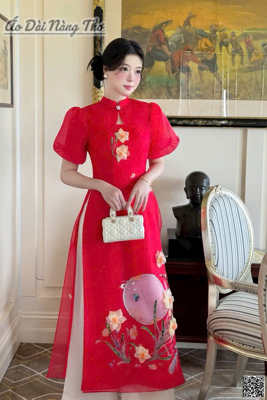 Áo Dài Cách Tân Voan Đỏ Tay Phồng Xinh Xắn