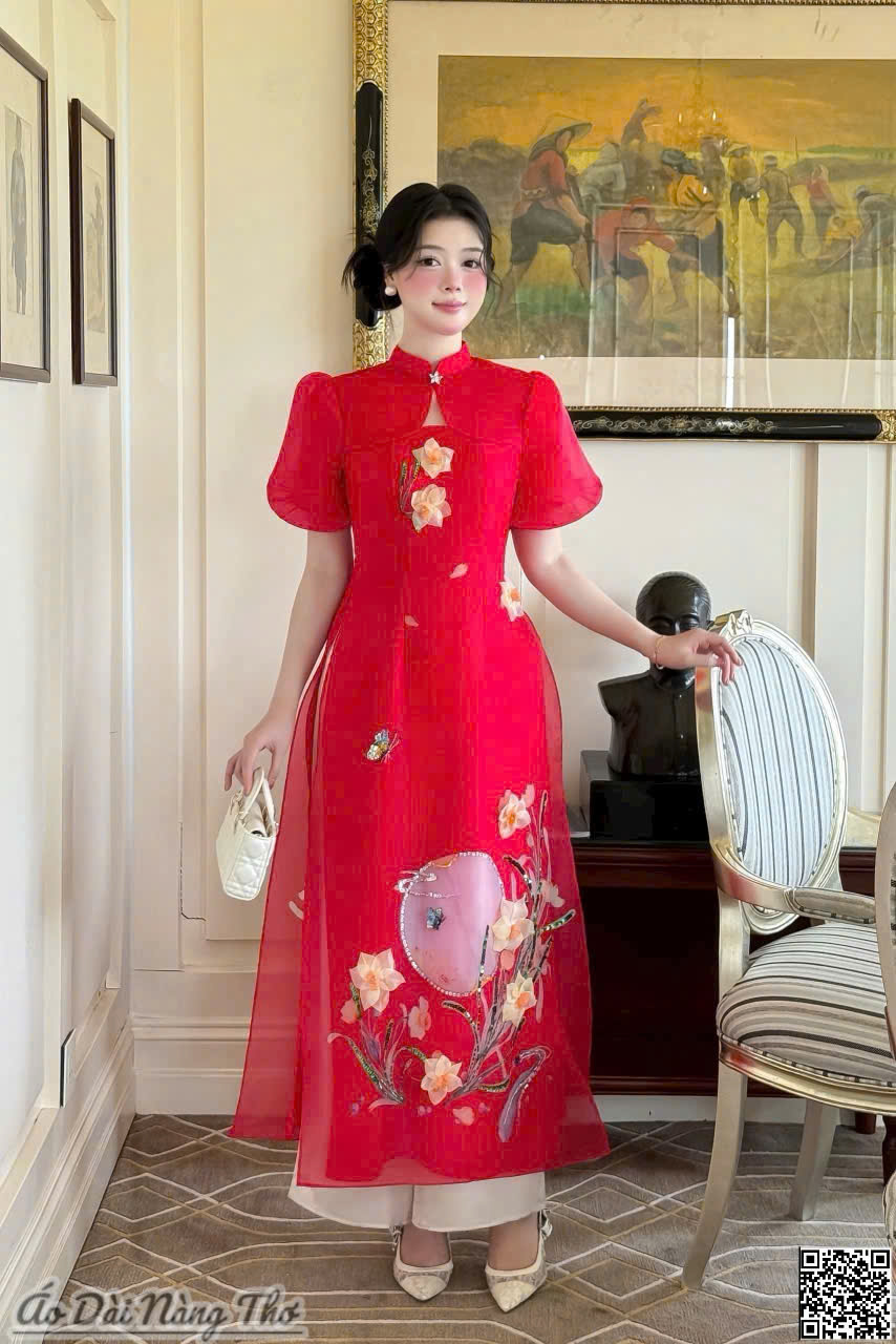 Áo Dài Cách Tân Voan Đỏ Tay Phồng Xinh Xắn