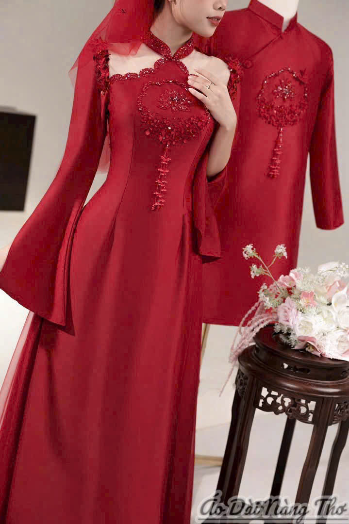 Áo Dài Cưới Đỏ Tay Loe Xẻ Chữ Hỷ