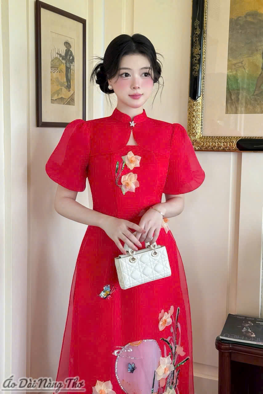 Áo Dài Cách Tân Voan Đỏ Tay Phồng Xinh Xắn