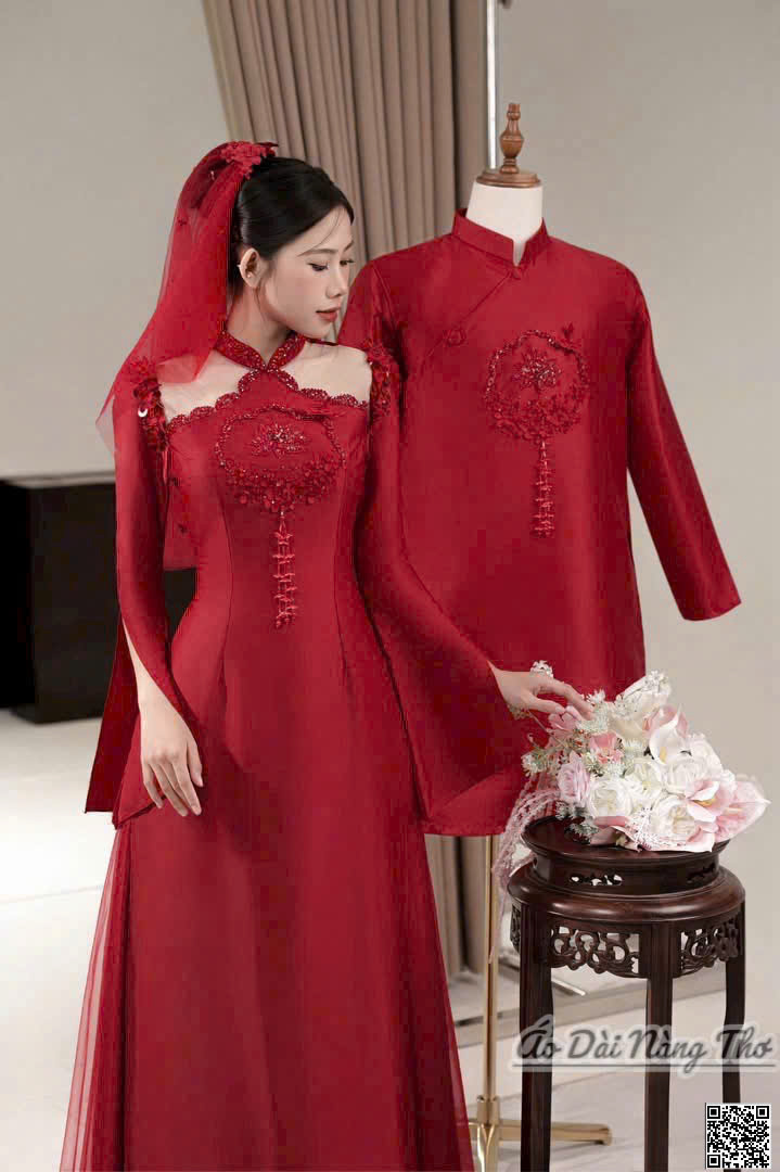 Áo Dài Cưới Đỏ Tay Loe Xẻ Chữ Hỷ