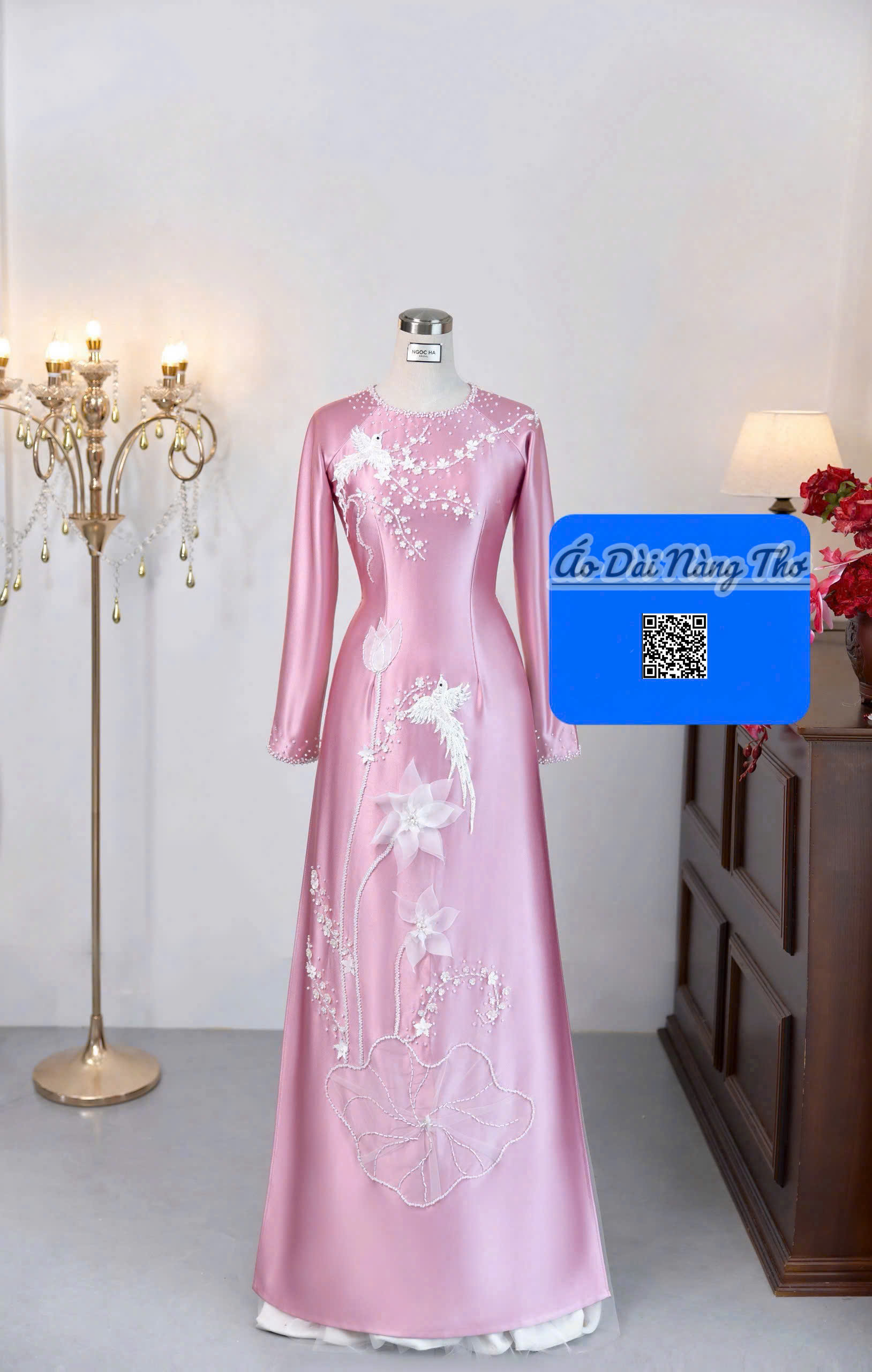 Áo Dài Bà Sui Lụa Hồng Đính Đá Cao Cấp