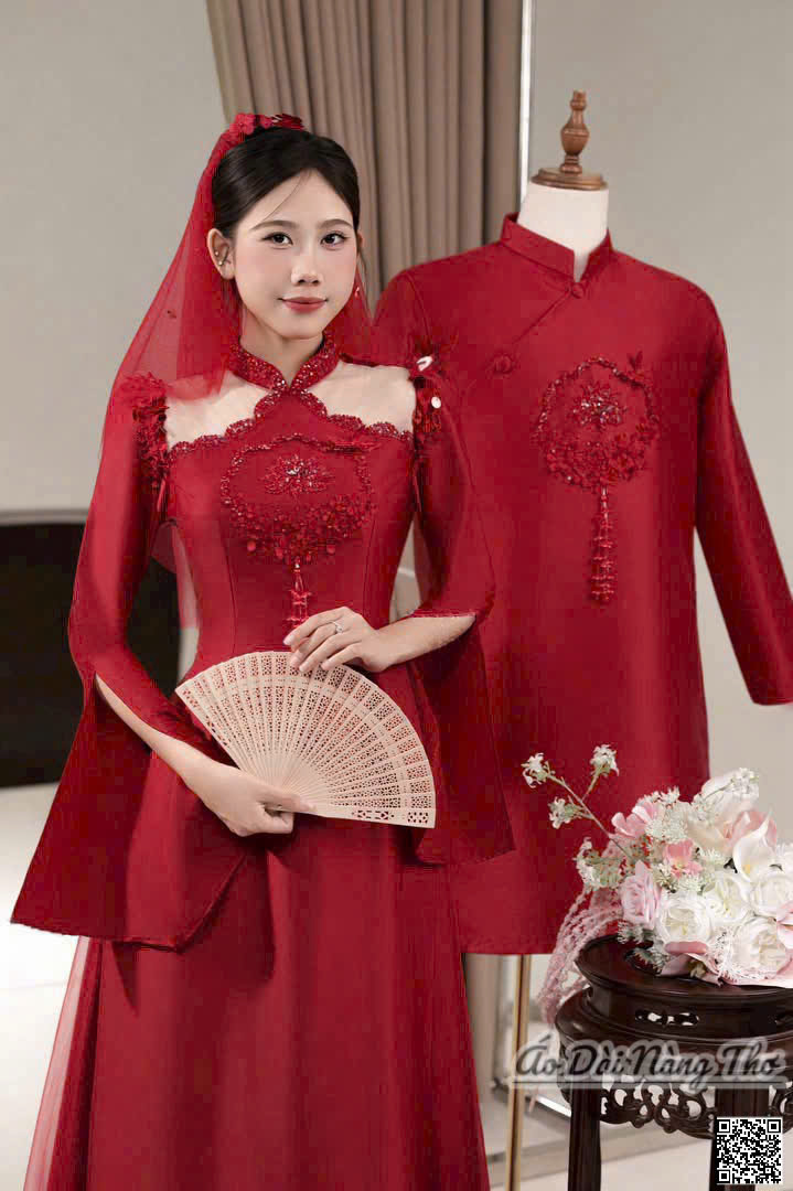 Áo Dài Cưới Đỏ Tay Loe Xẻ Chữ Hỷ