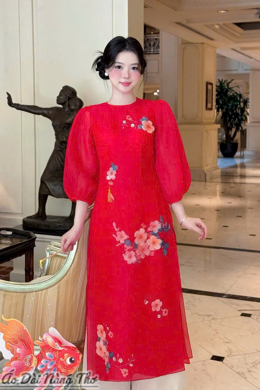 Áo Dài Cách Tân Voan Đỏ Tay Lỡ Phồng