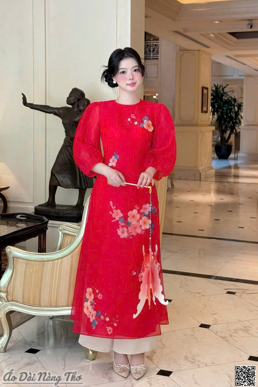 Áo Dài Cách Tân Voan Đỏ Tay Lỡ Phồng