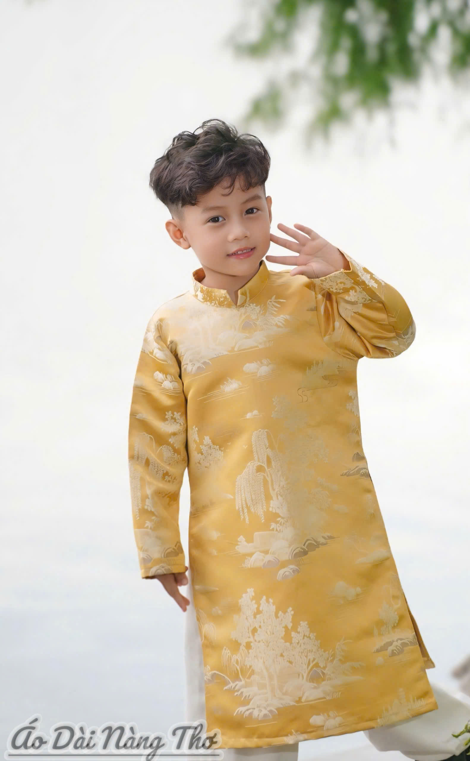Áo Dài Bé Trai Tafta Vàng Hoa Tiết 3D