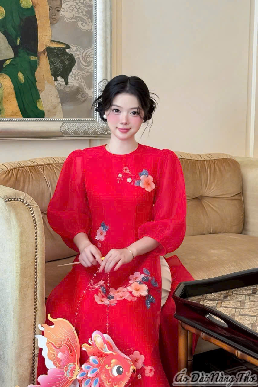 Áo Dài Cách Tân Voan Đỏ Tay Lỡ Phồng