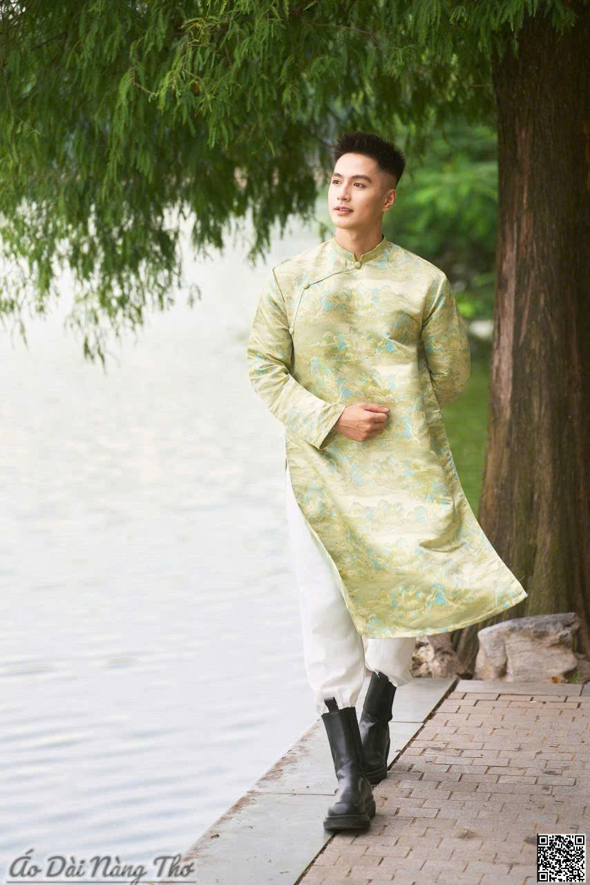 Áo Dài Nam Tafta Xanh Nhũ Họa Tiết 3D