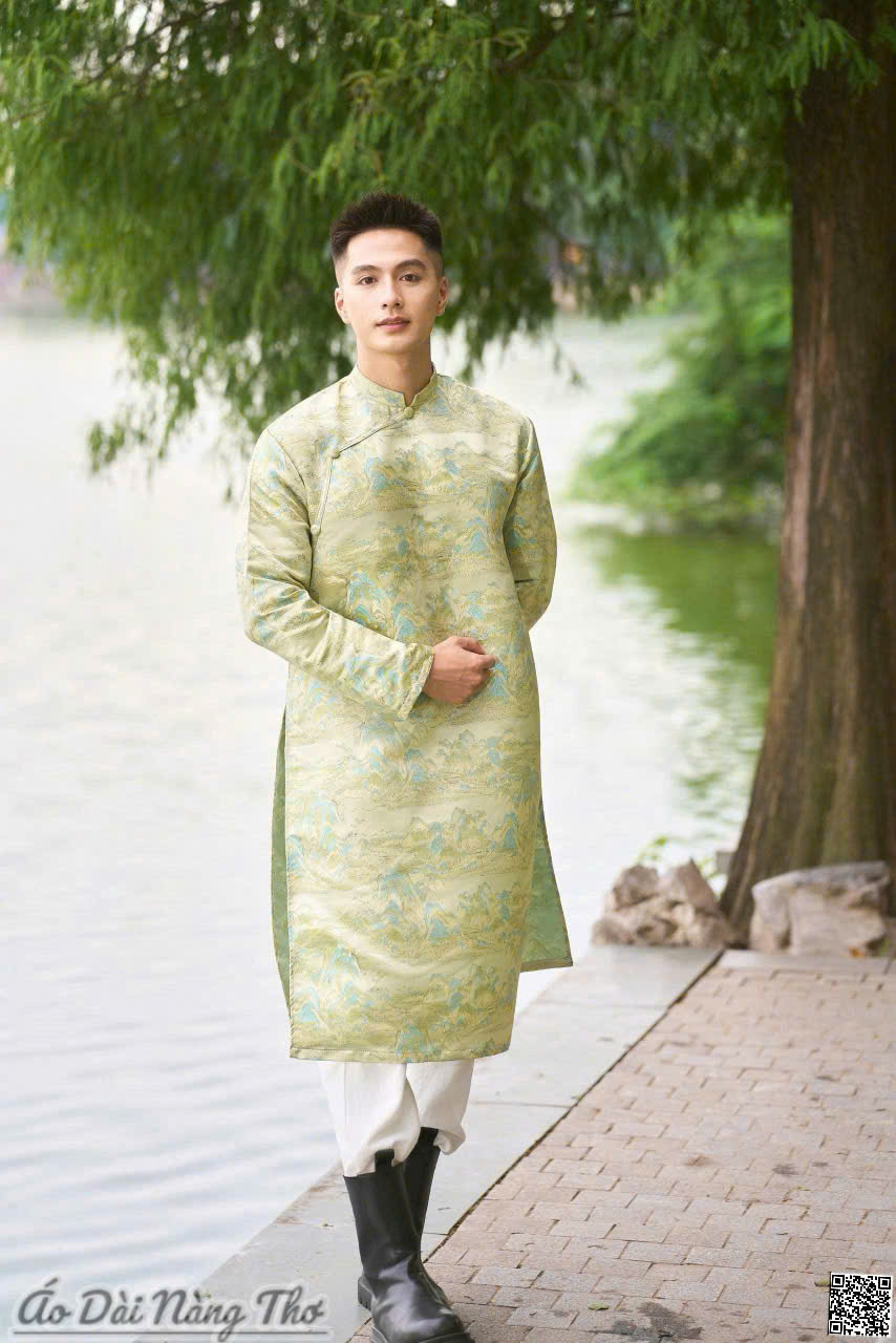 Áo Dài Nam Tafta Xanh Nhũ Họa Tiết 3D