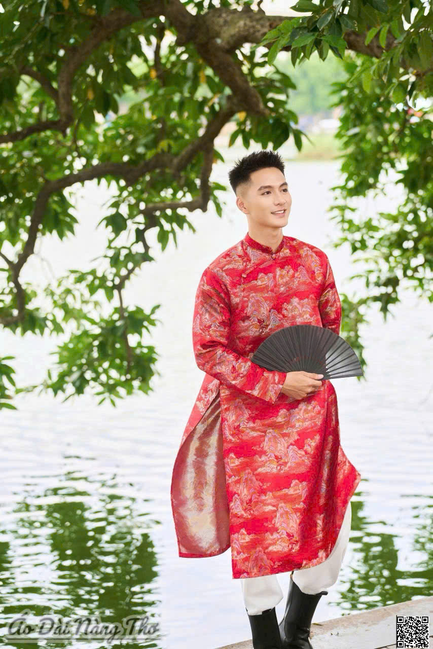 Áo Dài Nam Tafta Đỏ Nhũ Họa Tiết 3D