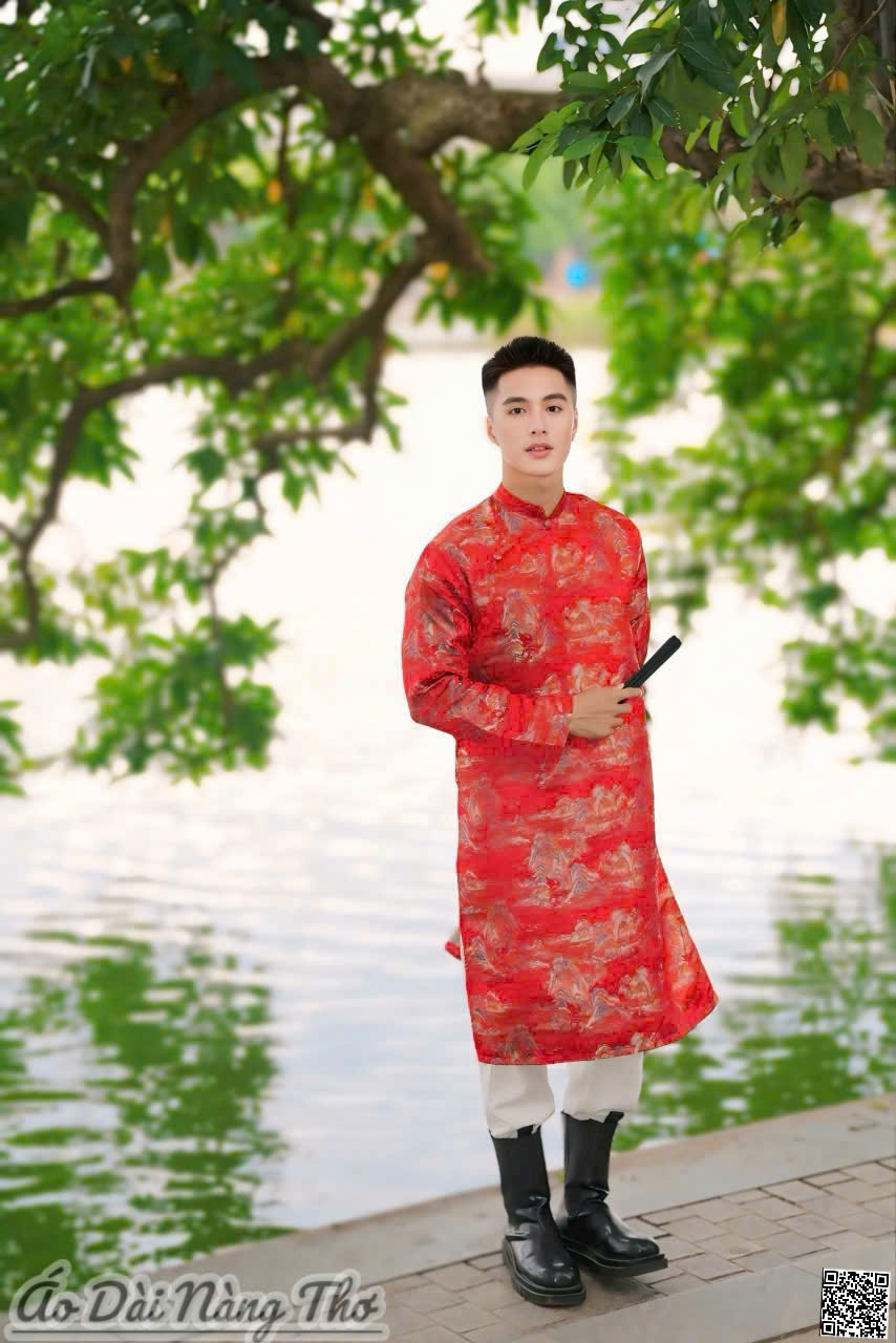 Áo Dài Nam Tafta Đỏ Nhũ Họa Tiết 3D