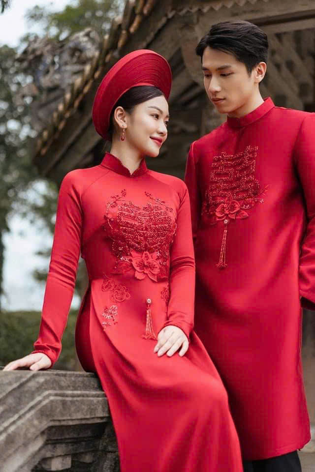 Áo Dài Cưới Họa Tiết Song Hỷ Cách Điệu