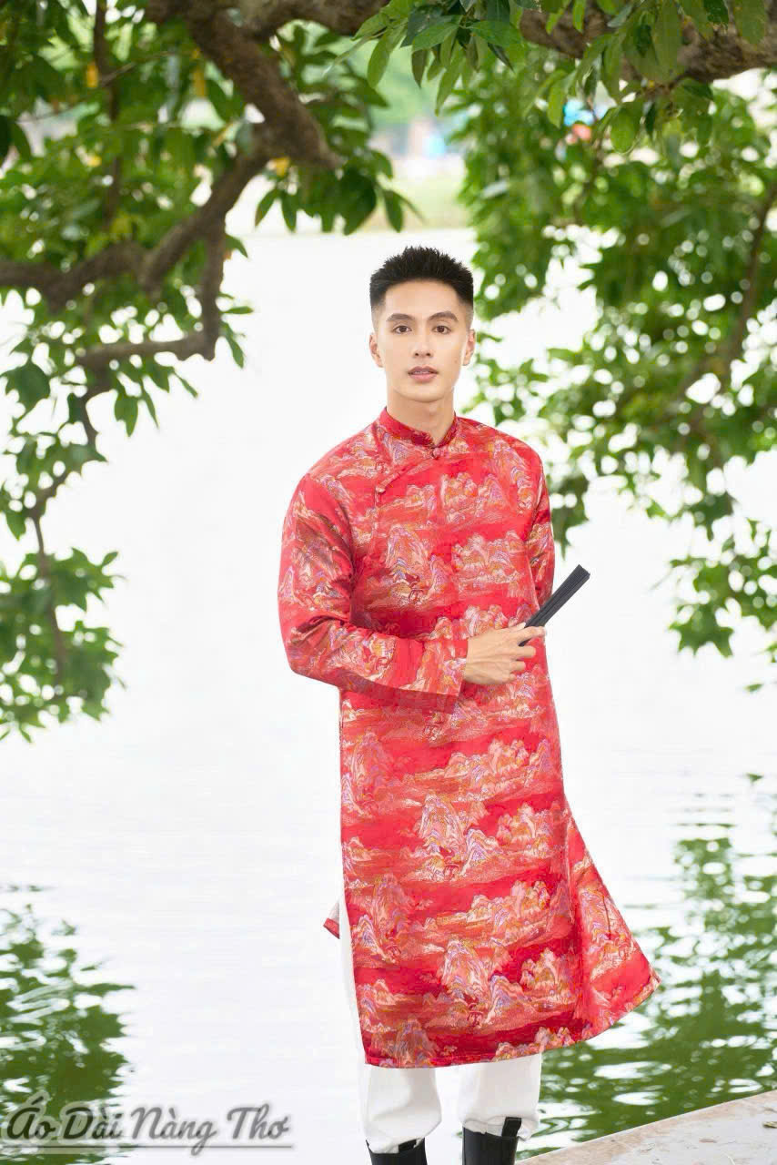 Áo Dài Nam Tafta Đỏ Nhũ Họa Tiết 3D
