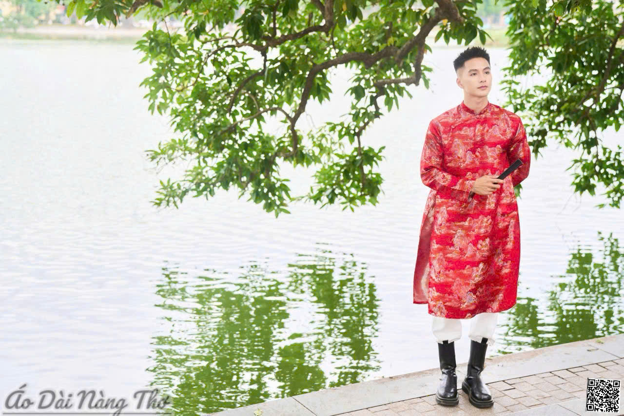 Áo Dài Nam Tafta Đỏ Nhũ Họa Tiết 3D