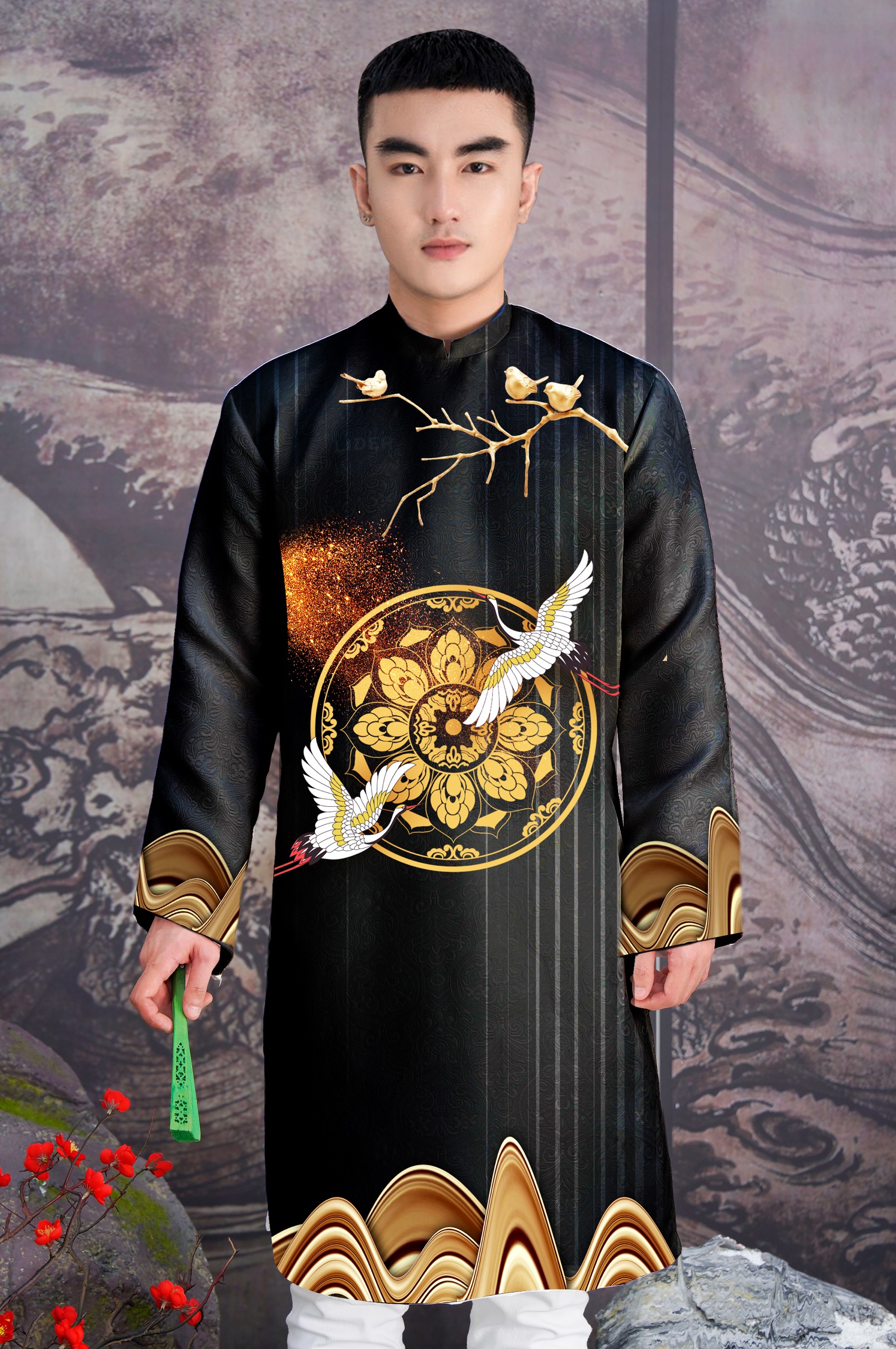 Áo Dài Nam Gấm In Họa Tiết 3D