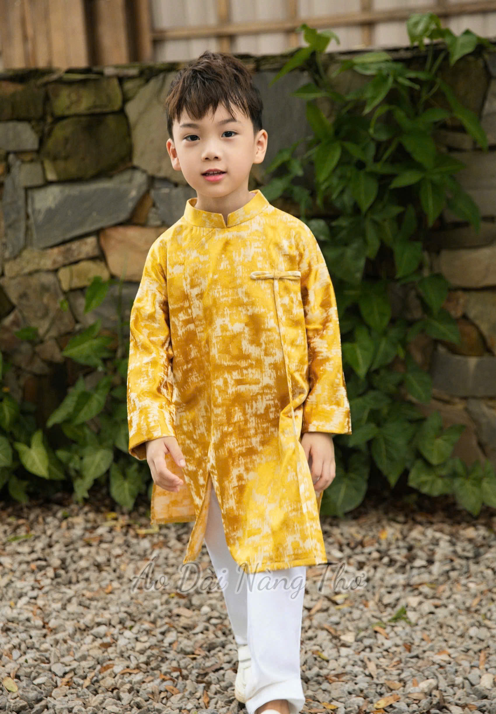 Áo Dài Bé Trai Gấm Vàng Ombre Loang
