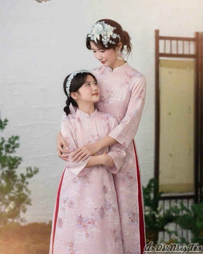 Áo Dài Mẹ Và Bé Lụa Hồng Đáng Yêu