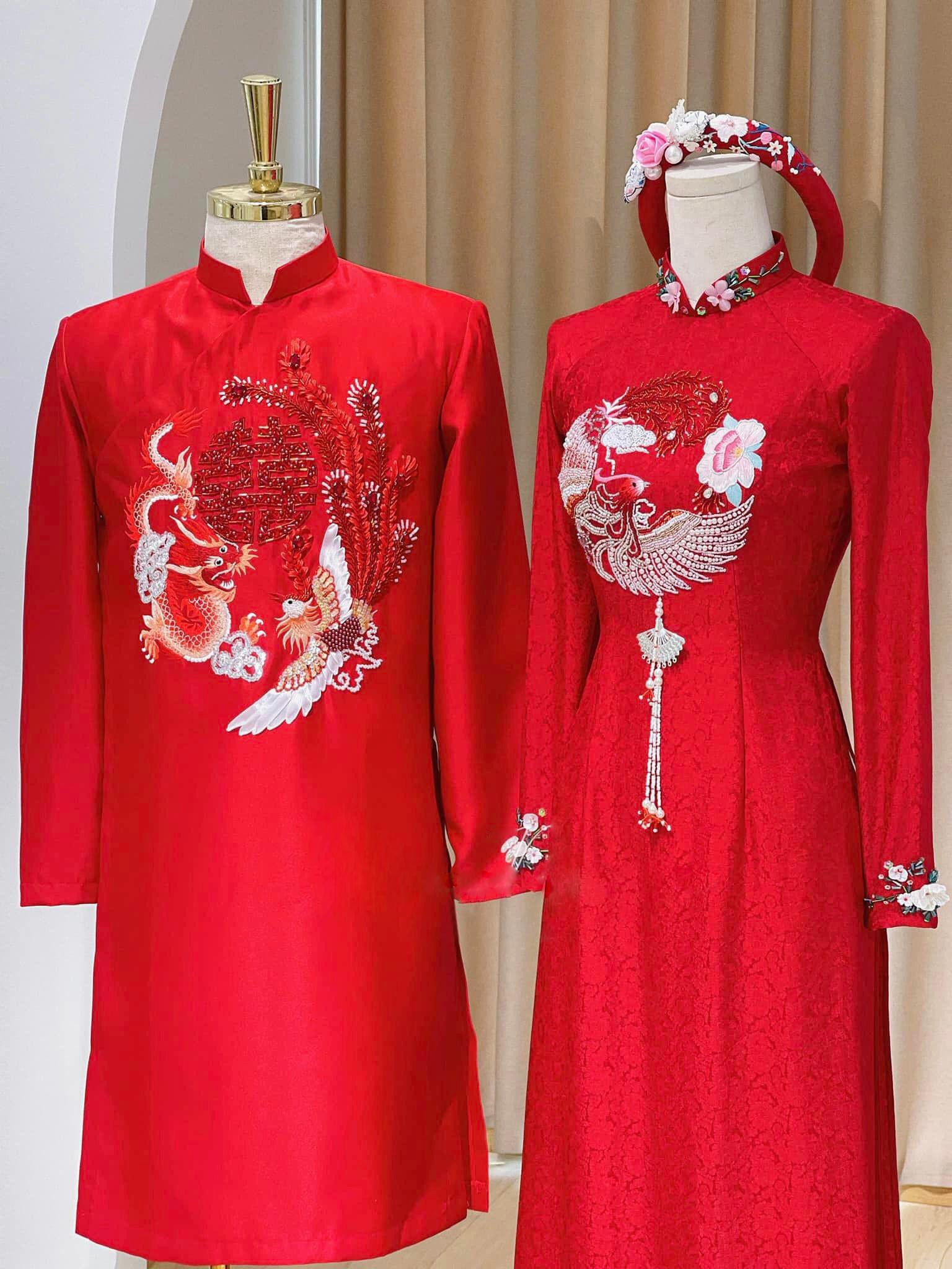 Áo Dài Cưới Cặp Đôi Màu Đỏ Họa Tiết Long Phụng Phối Hỷ Nổi Bật