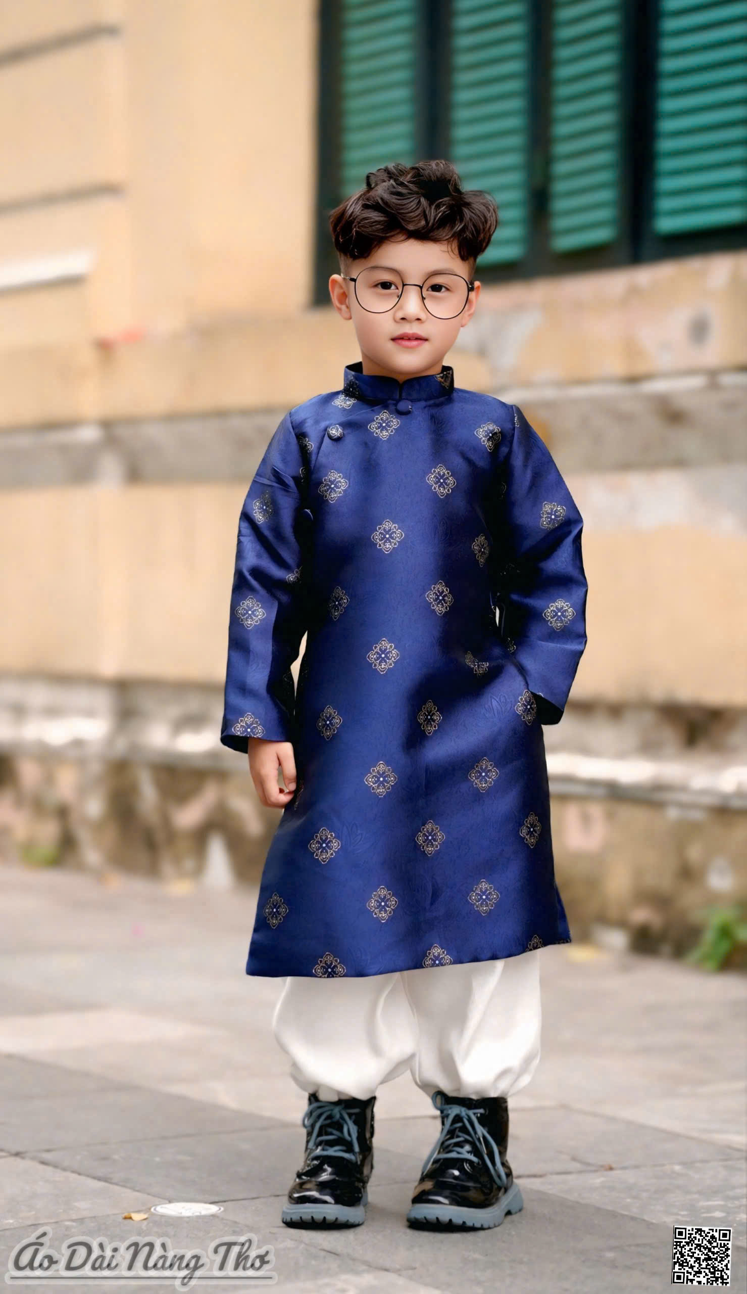 Áo Dài Bé Trai Gấm Xanh Thanh Lịch