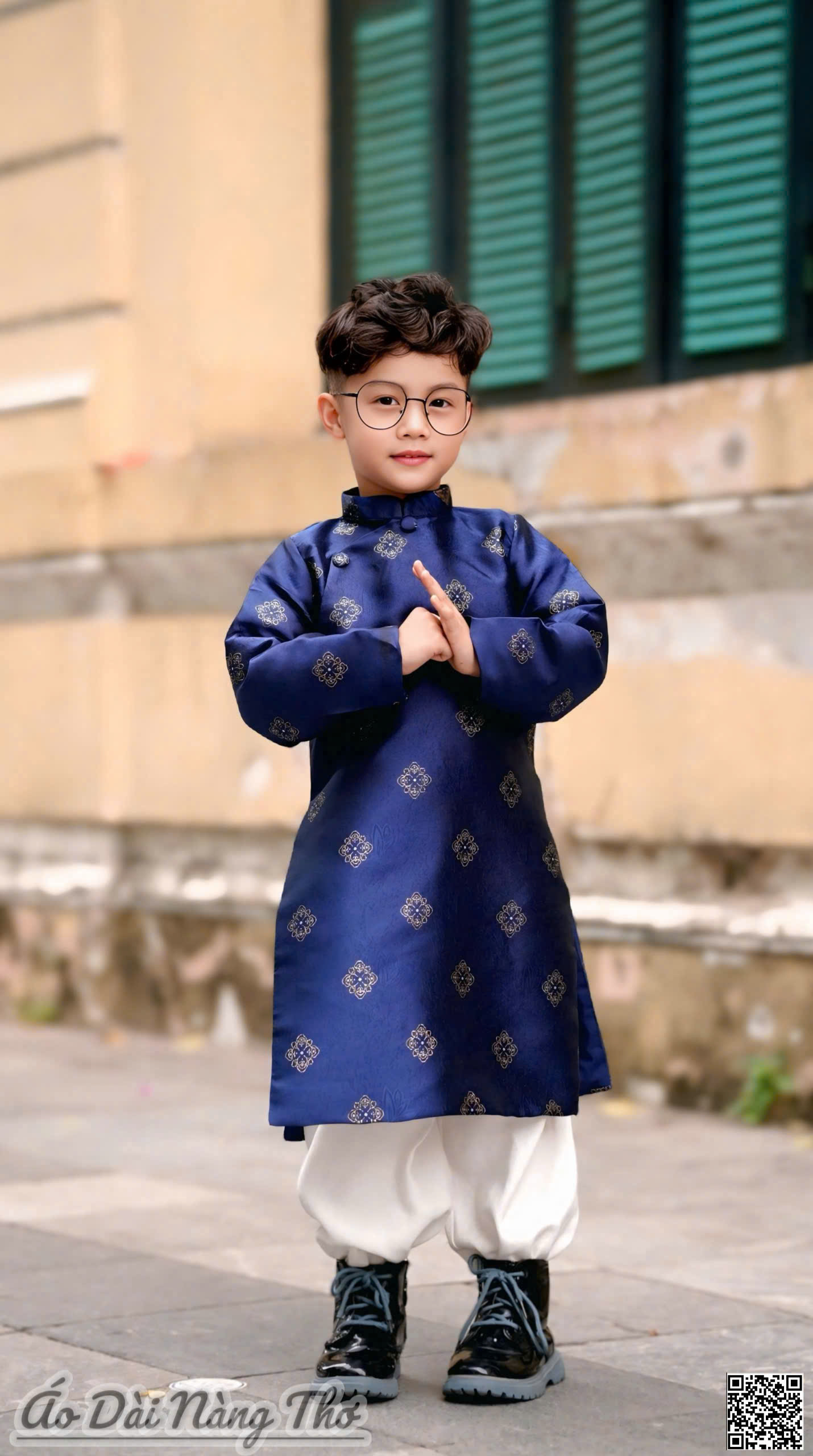 Áo Dài Bé Trai Gấm Xanh Thanh Lịch