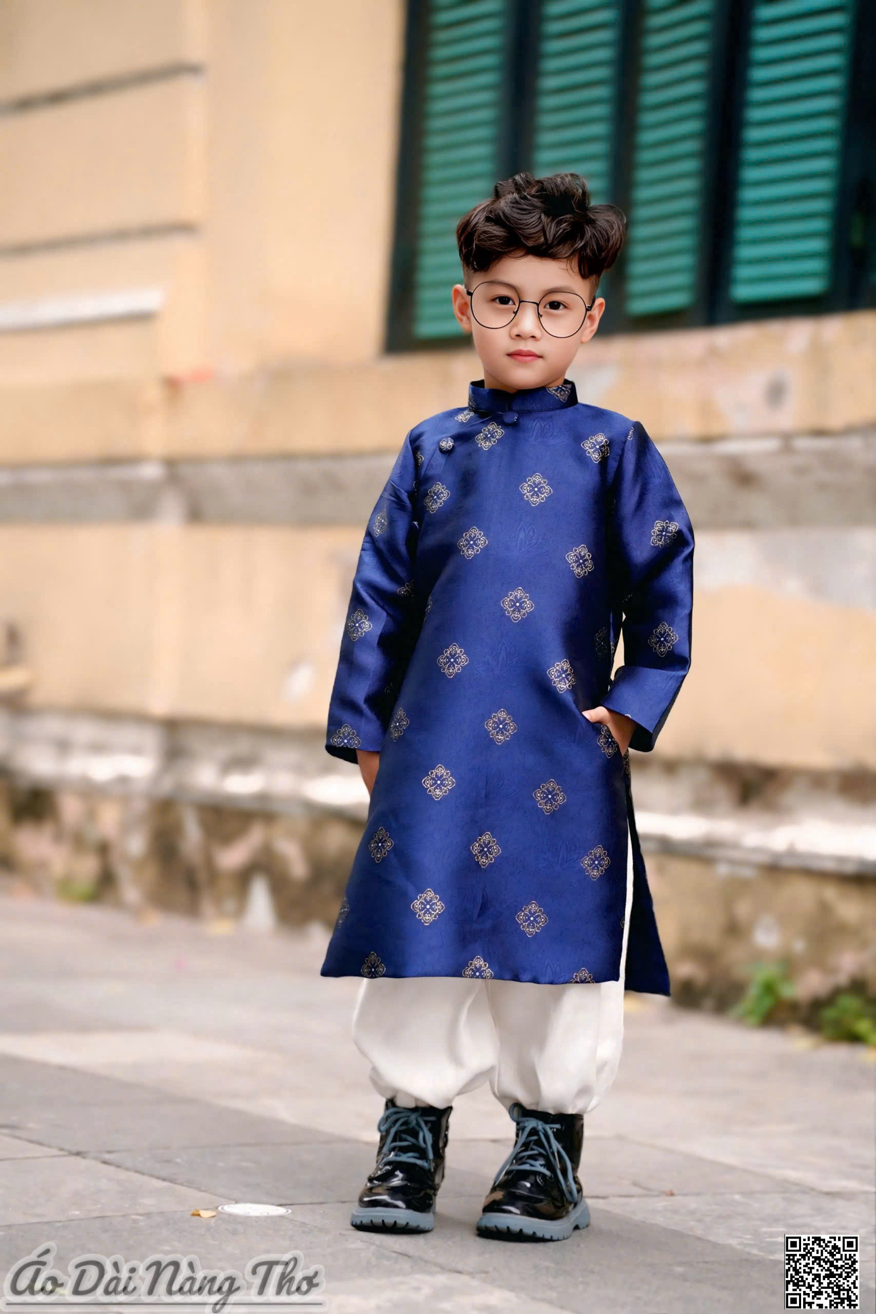 Áo Dài Bé Trai Gấm Xanh Thanh Lịch