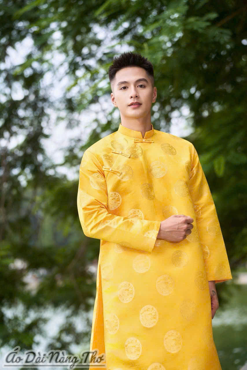 Áo Dài Nam Tafta Vàng Họa Tiết Đồng Tiền