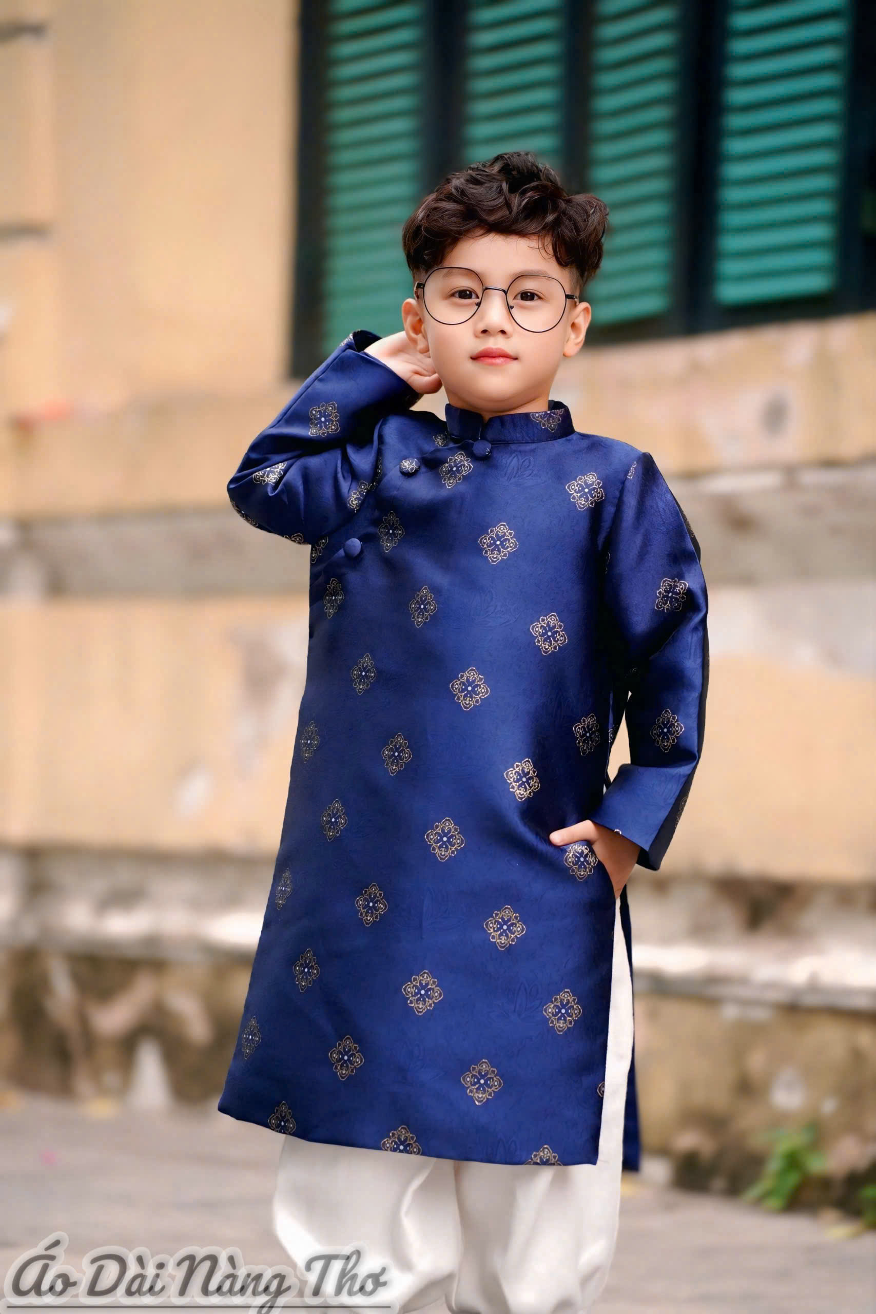 Áo Dài Bé Trai Gấm Xanh Thanh Lịch